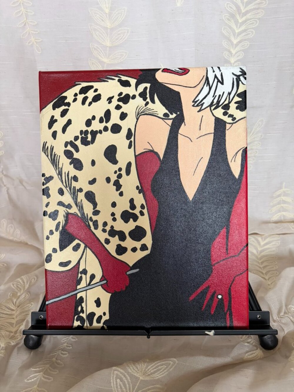 Hand Painted Cruella Inspired Acrylic Canvas Red Black Wall Art 11x14